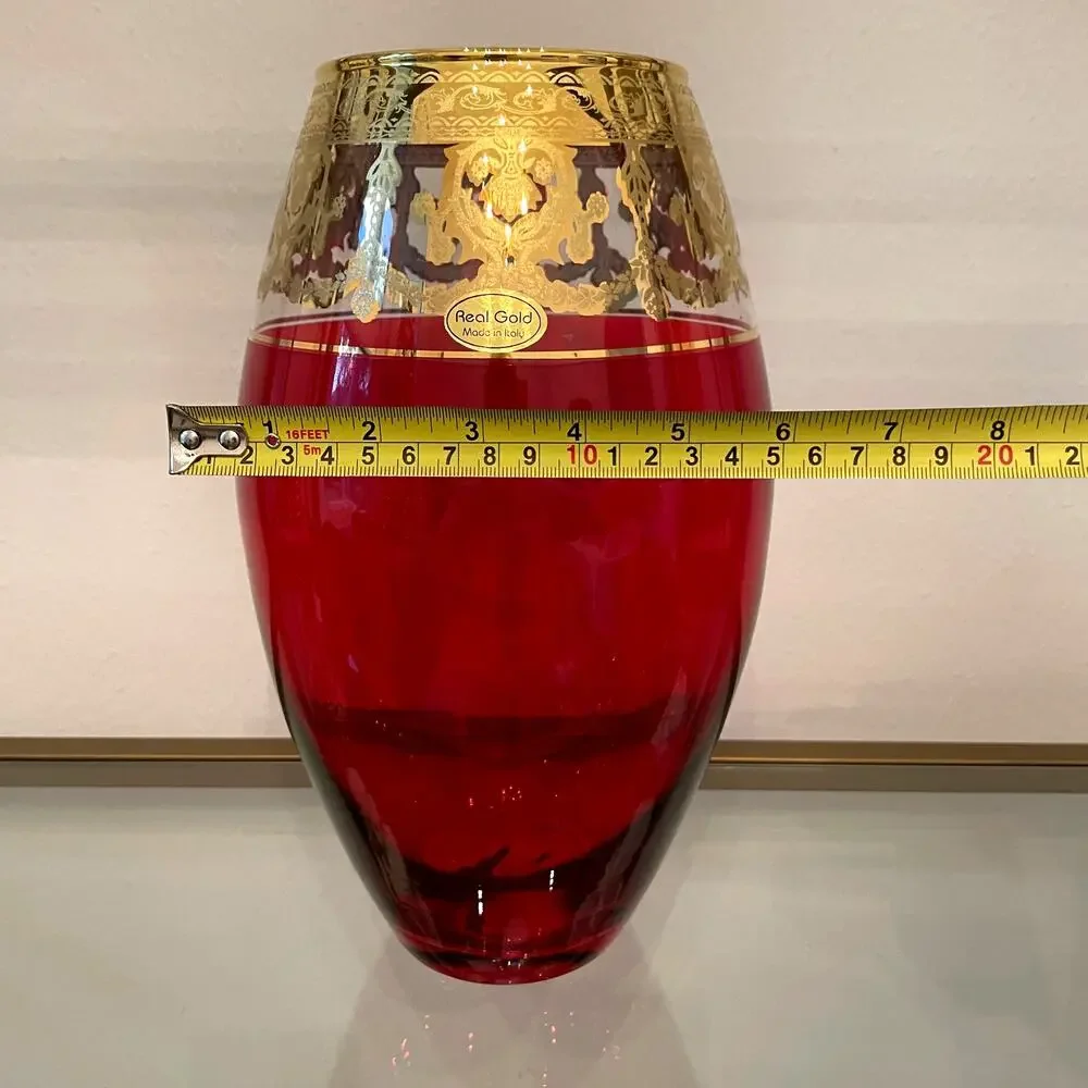 Vintage Style Vecchia Murano Ruby Red Art Glass Vase w/ 24 kt Gold Rim 11in NEW